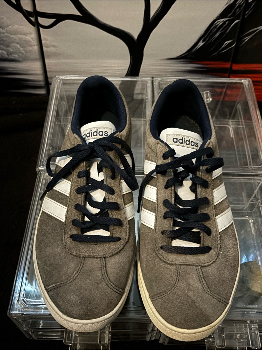 adidas Men’s Gray Suede Sneakers with White Stripes